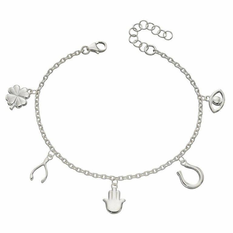 Slow Fashion Joshua James Lucky Charms Bracelet Featuring a Horseshoe, Hamsa Hand, Four Leaf Clover, Evil Eye and Wish Bone Charms.