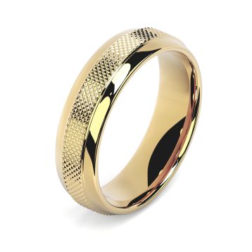 Side view of Macmillan 18ct Yellow Gold 6mm Textured Court Wedding Ring