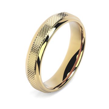 Side view of Macmillan 18ct Yellow Gold 5mm Textured Court Wedding Ring