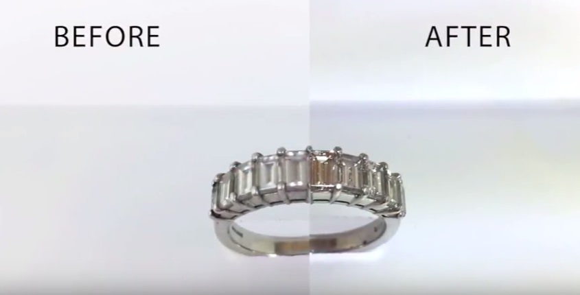 Shows diamond ring before being cleaned (very dull and grey) and after (diamonds are sparkling, bright and clear)